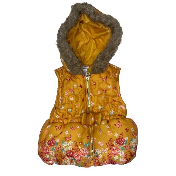 Little Lass Mustard Yellow Floral Quilted Puffer Vest with Faux Fur Hood - 18M - Picture 2 of 9
